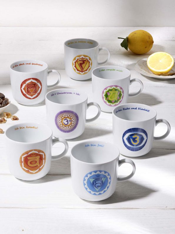 Seven chakra symbols and chakra affirmations in a set of 7 chakra mugs