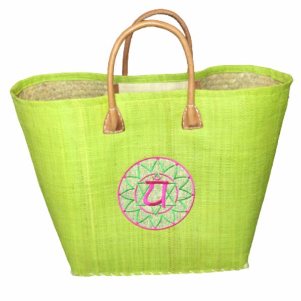 Basket bag in green with leather handles and Anahata embroidery symbol for the heart chakra