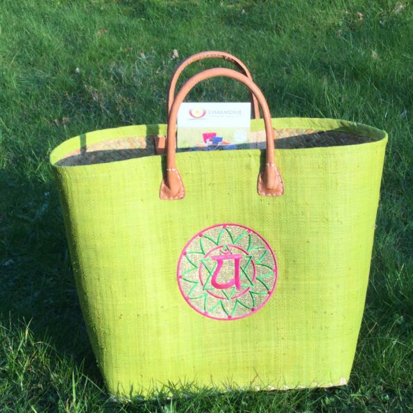 HeartChakra basket bag made from raffia and palm leaf with chakra symbol