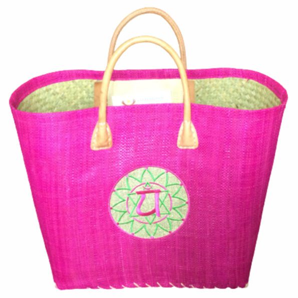 Boho basket bag in pink with Anahata chakra symbol for the heart chakra