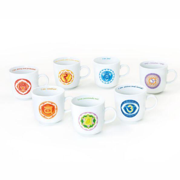 Porcelain chakra mugs for the 7 chakras with chakra motifs and chakra affirmations in English